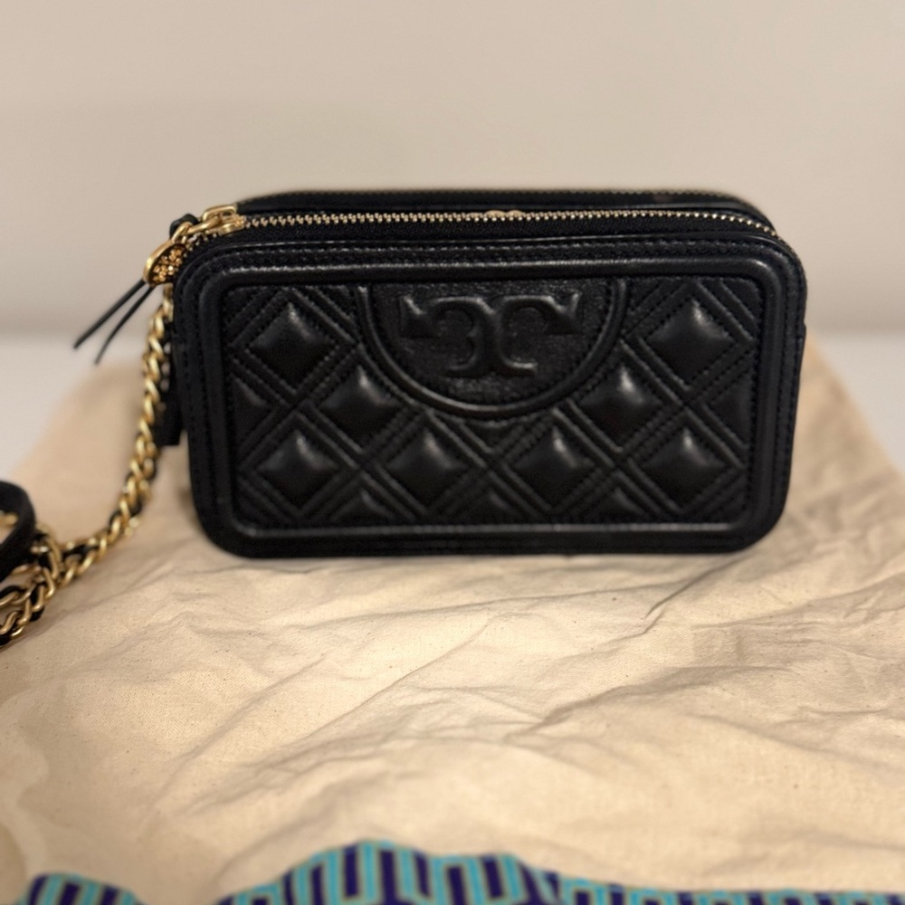 Tory Burch Black Quilted Leather crossbody with Gold Chain
